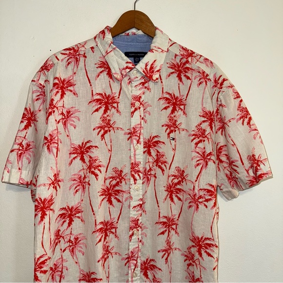 Tommy Hilfiger Shirt Men's XL Red Pink Palm Tree Print Linen Logo Short Sleeve - Picture 2 of 7